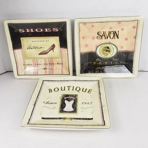 3 Sakura Vintage Boutique Square Stoneware Salad Dessert Plates Paris Motif